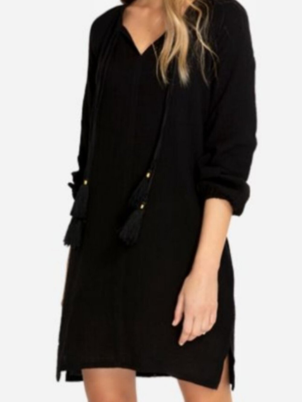 Johnny Was CALMร Black Cotton Gauze Double Tassel Peasant Mini Dress Size Small